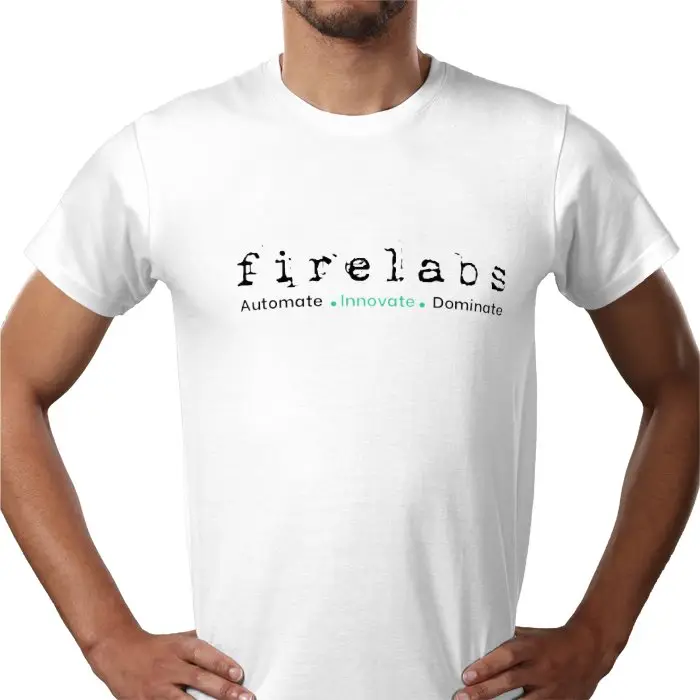 A man wearing a white ai firelabs t shirt